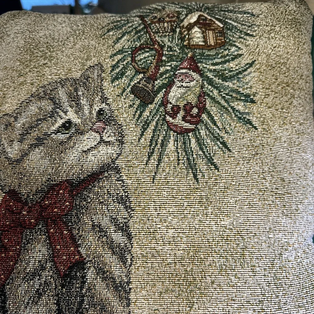 Vintage Christmas Kitten Tapestry Throw Pillow Santa Holly Bow Horn Embroidered